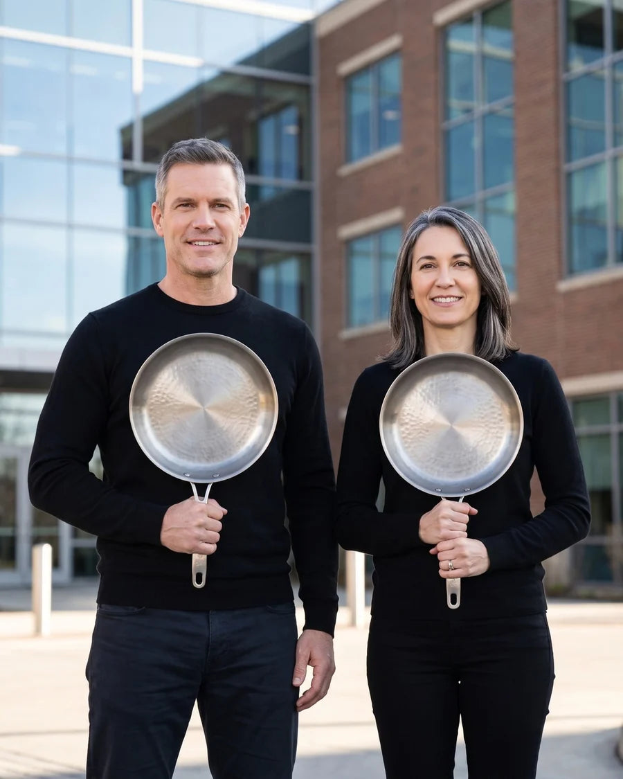 Oro & Pearl founders holding cookware
